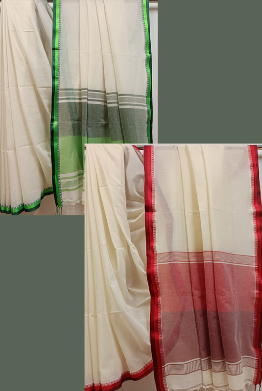 Premium Quality Off-White Handloom Cotton Saree with Satin Contrast Border Balaram Saha