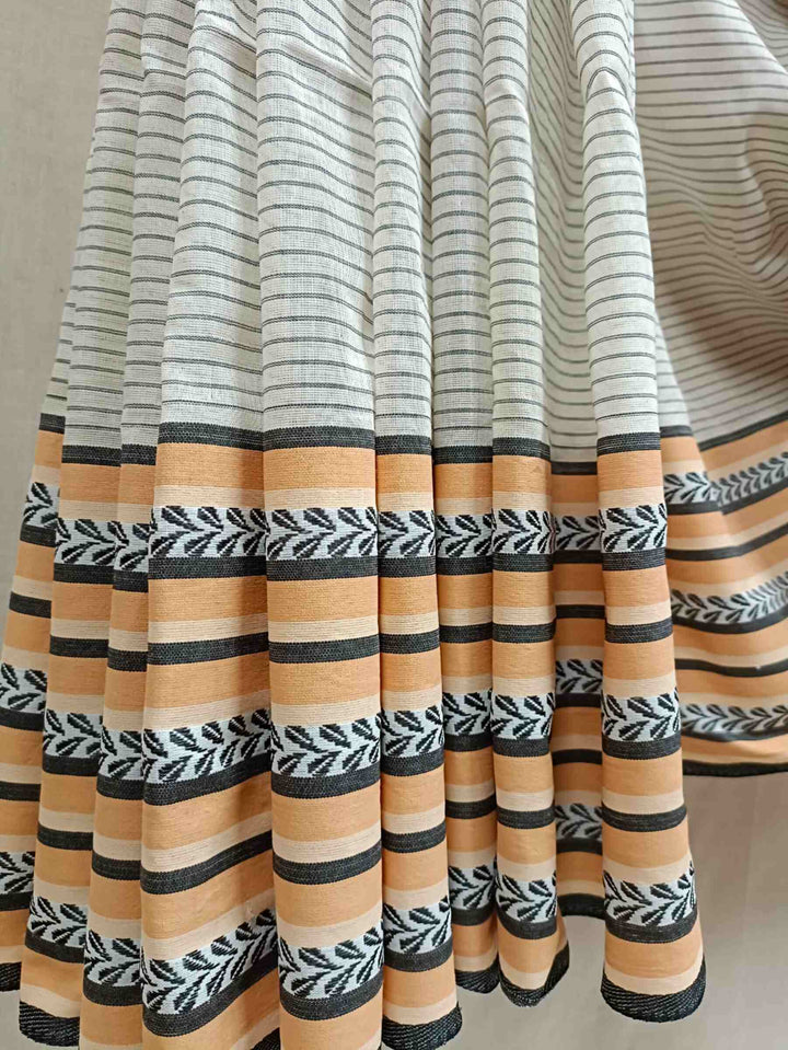 Off-White Black Soft Handloom Cotton Sarees Woven Border Balaram Saha