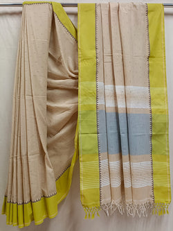 Beige Soft Handloom Cotton Saree Contrast Border Balaram Saha