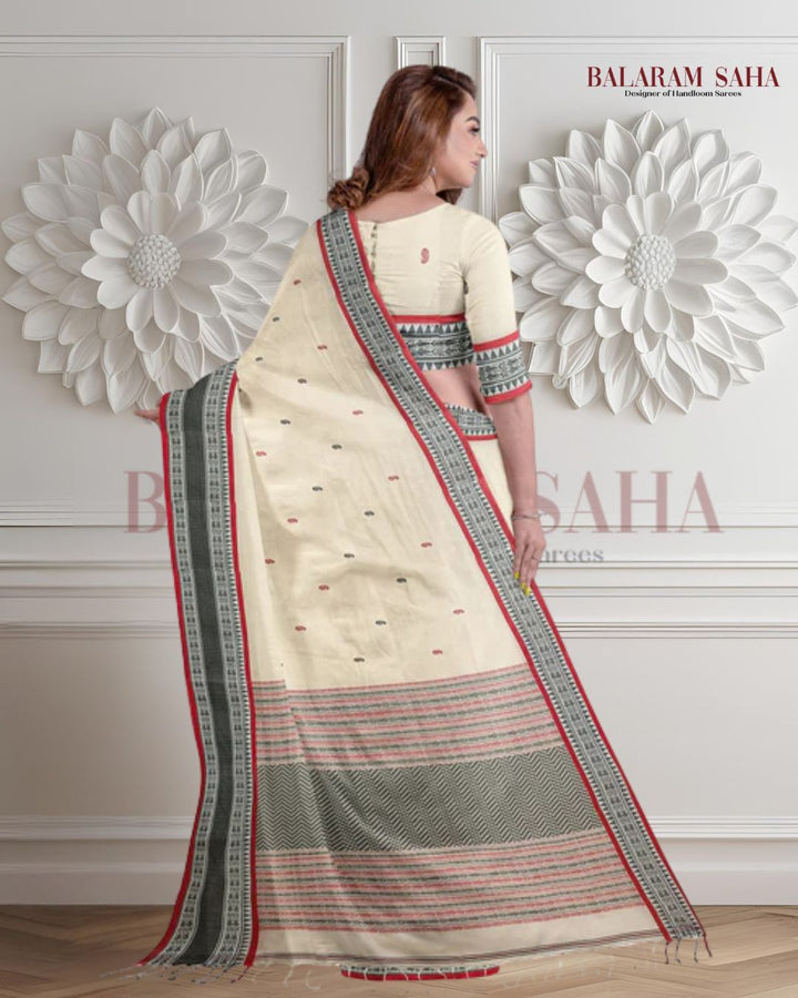 White, Black & Red soft cotton handloom saree Balaram Saha