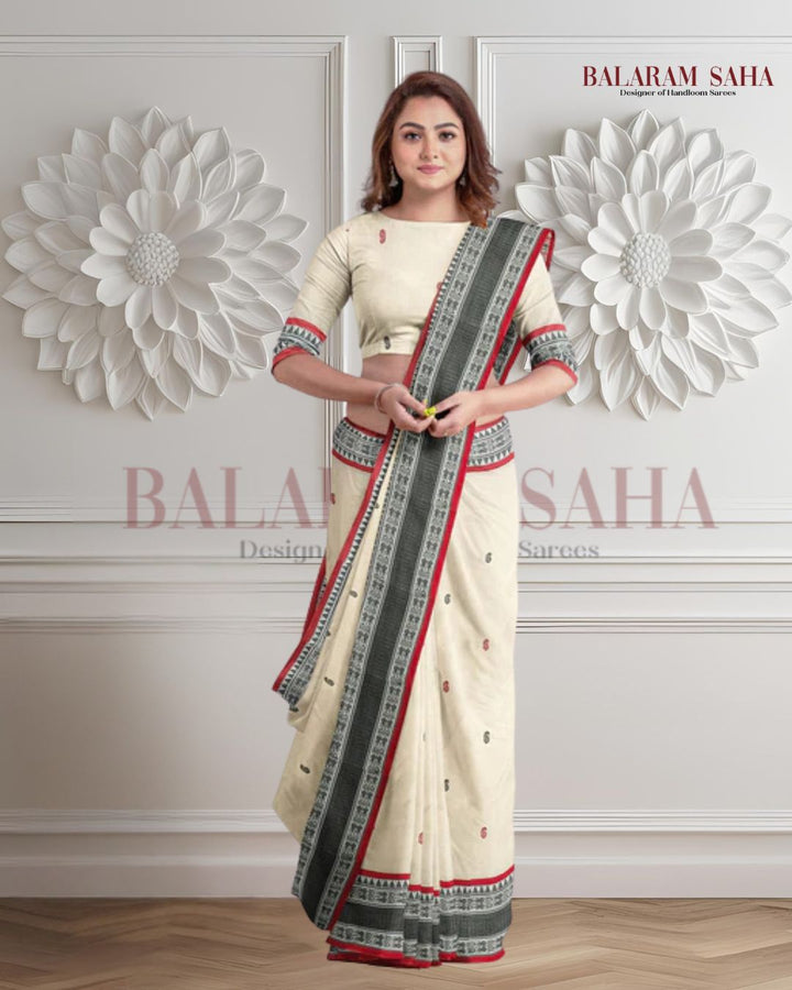 White, Black & Red soft cotton handloom saree Balaram Saha