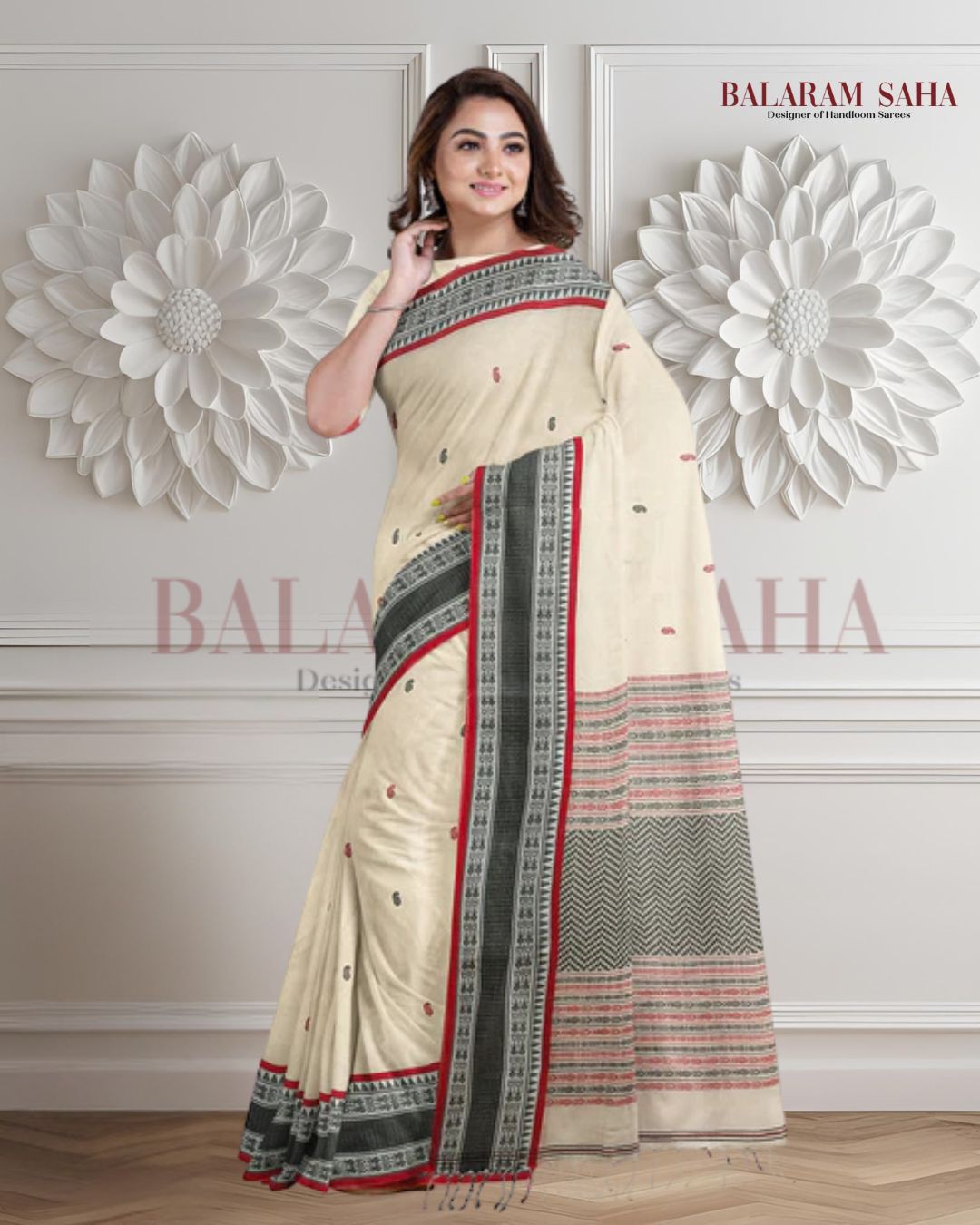 White, Black & Red soft cotton handloom saree Balaram Saha