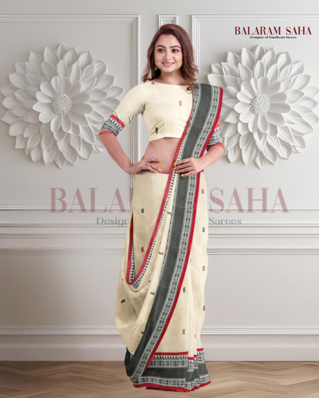 White, Black & Red soft cotton handloom saree Balaram Saha