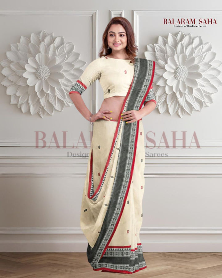White, Black & Red soft cotton handloom saree Balaram Saha