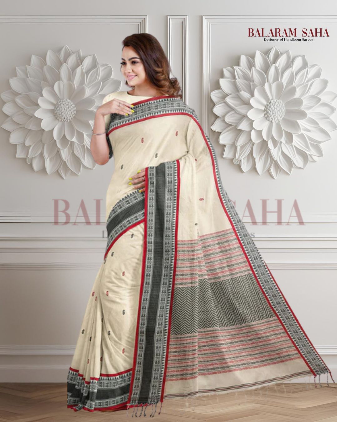 White, Black & Red soft cotton handloom saree Balaram Saha