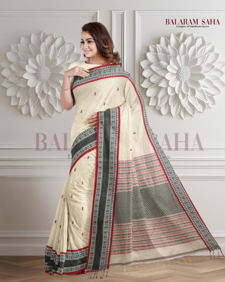 White, Black & Red soft cotton handloom saree Balaram Saha