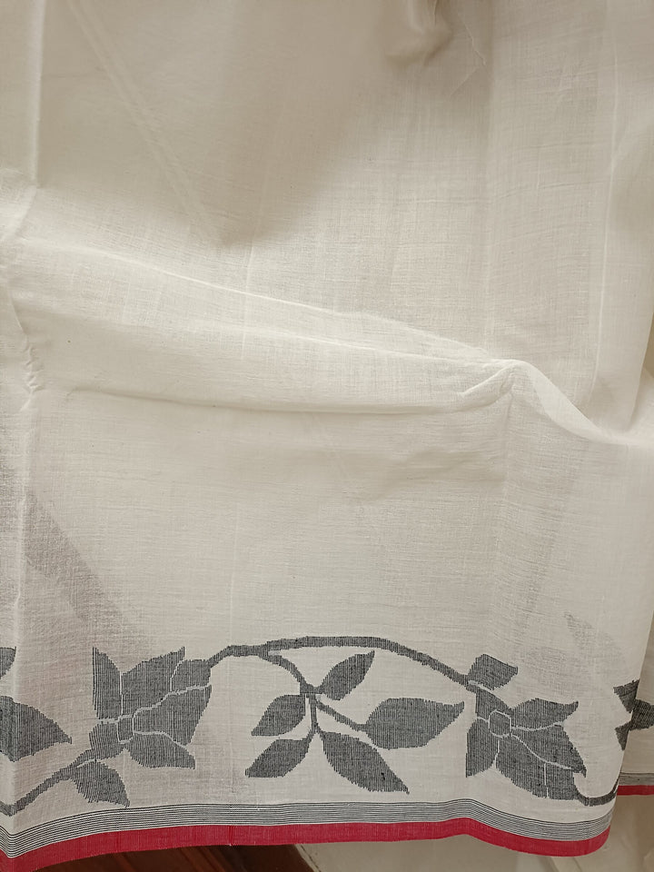 White & Black Fine Cotton Handwoven Dhakai Jamdani Saree Balaram Saha