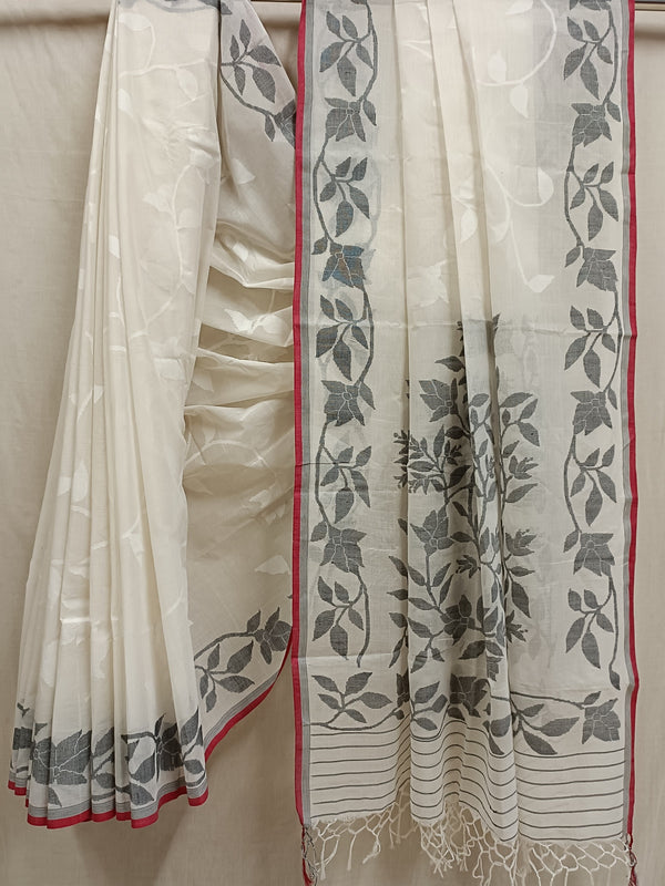 White & Black Fine Cotton Handwoven Dhakai Jamdani Saree Balaram Saha