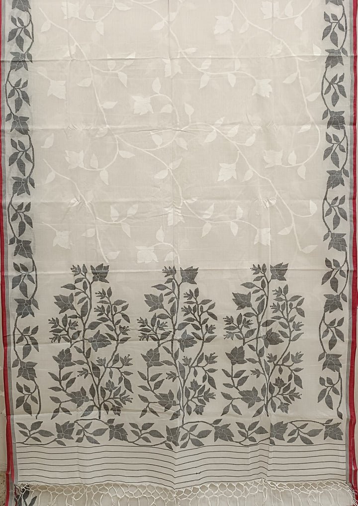 White & Black Fine Cotton Handwoven Dhakai Jamdani Saree Balaram Saha