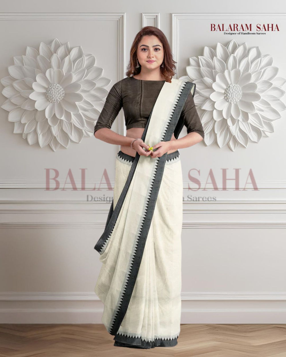 Off White & Black Soft Handloom Cotton Saree Balaram Saha
