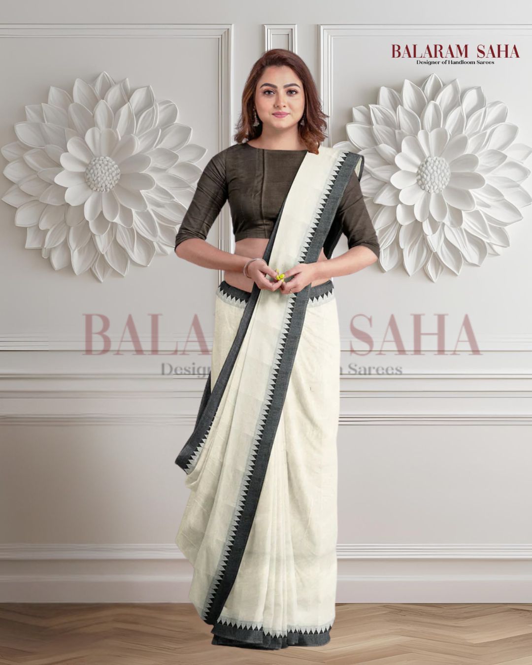 Off White & Black Soft Handloom Cotton Saree Balaram Saha