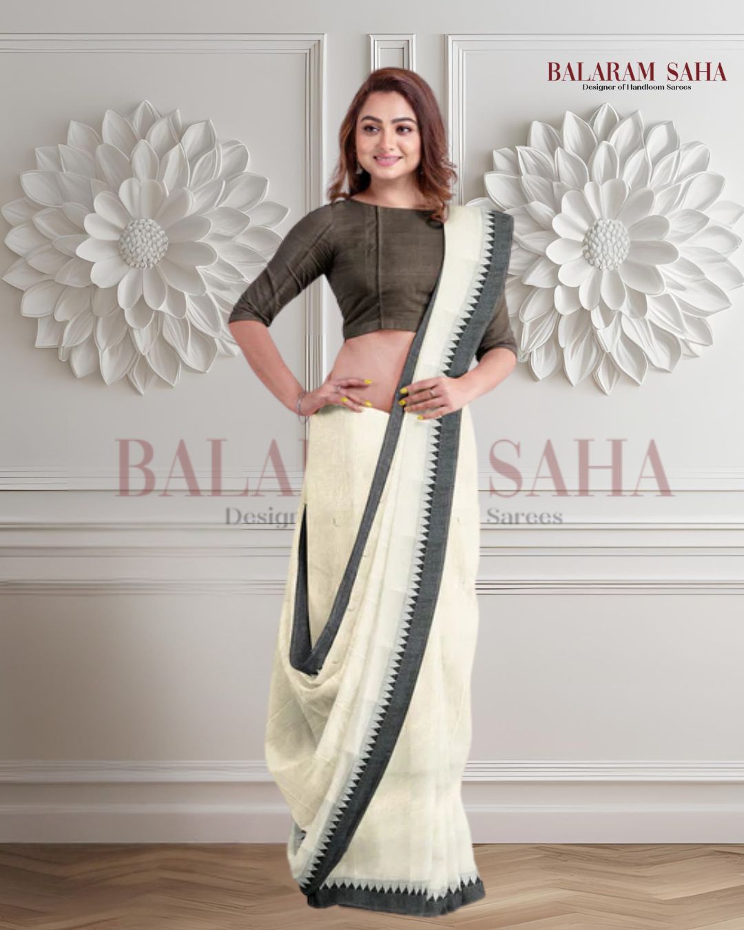 Off White & Black Soft Handloom Cotton Saree Balaram Saha