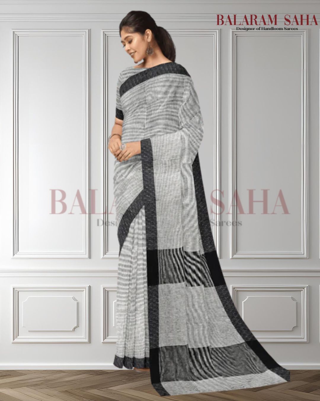 Balaram Saha: White & Black Checks Cotton Saree - A Handwoven Gem Balaram Saha