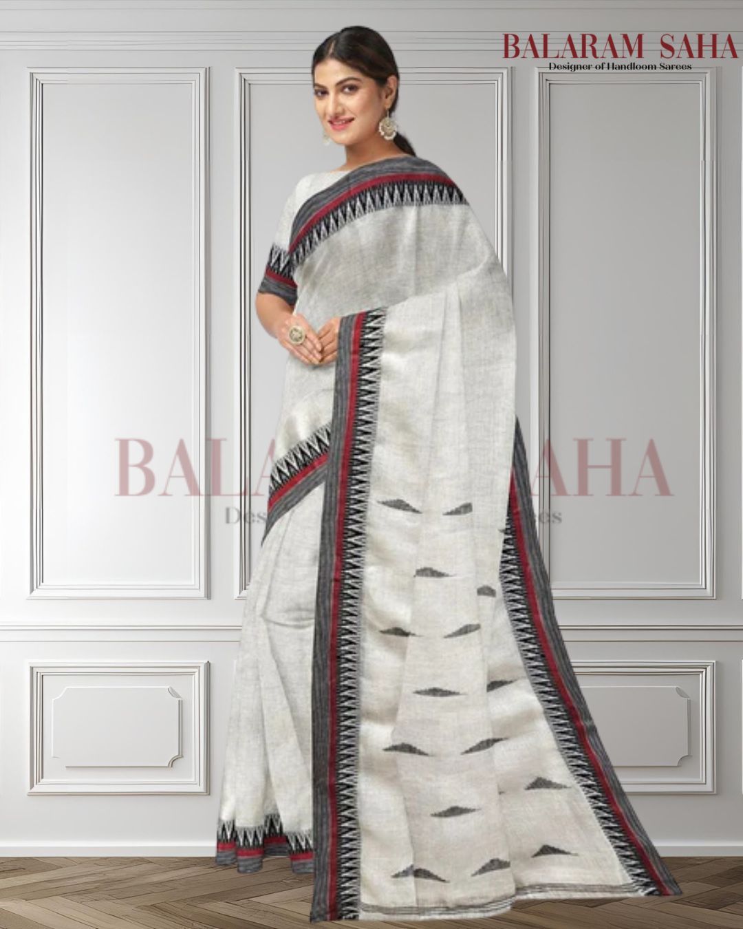 White & Black Handloom Linen Saree by Balaram Saha Balaram Saha