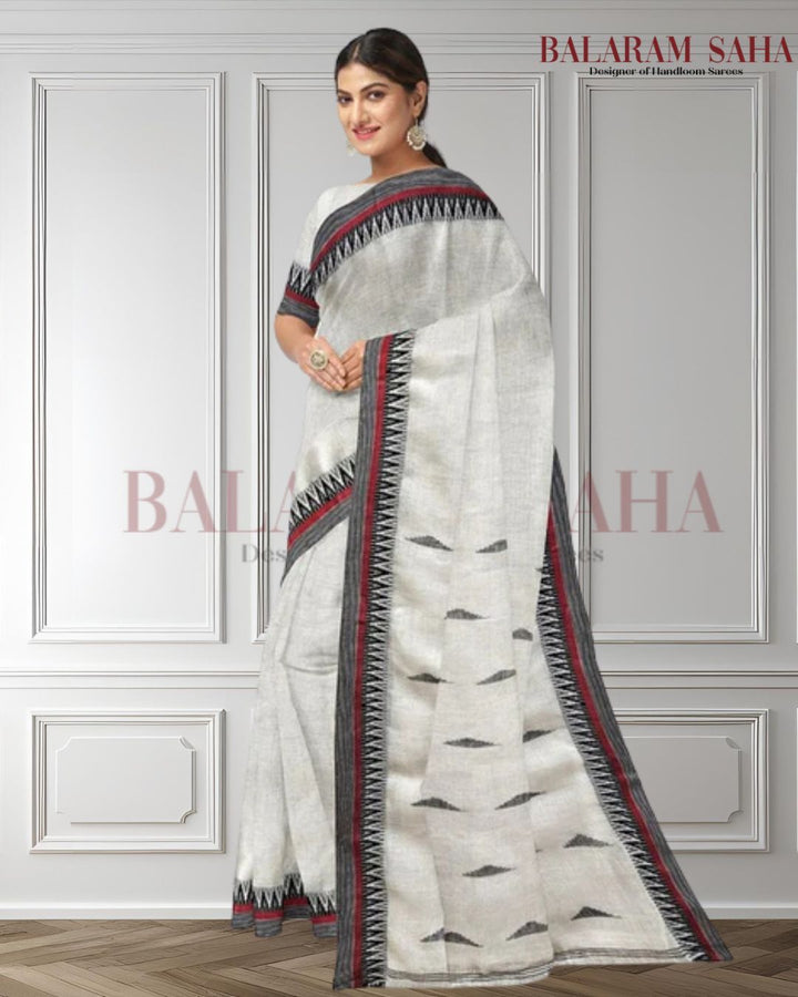 White & Black Handloom Linen Saree by Balaram Saha Balaram Saha