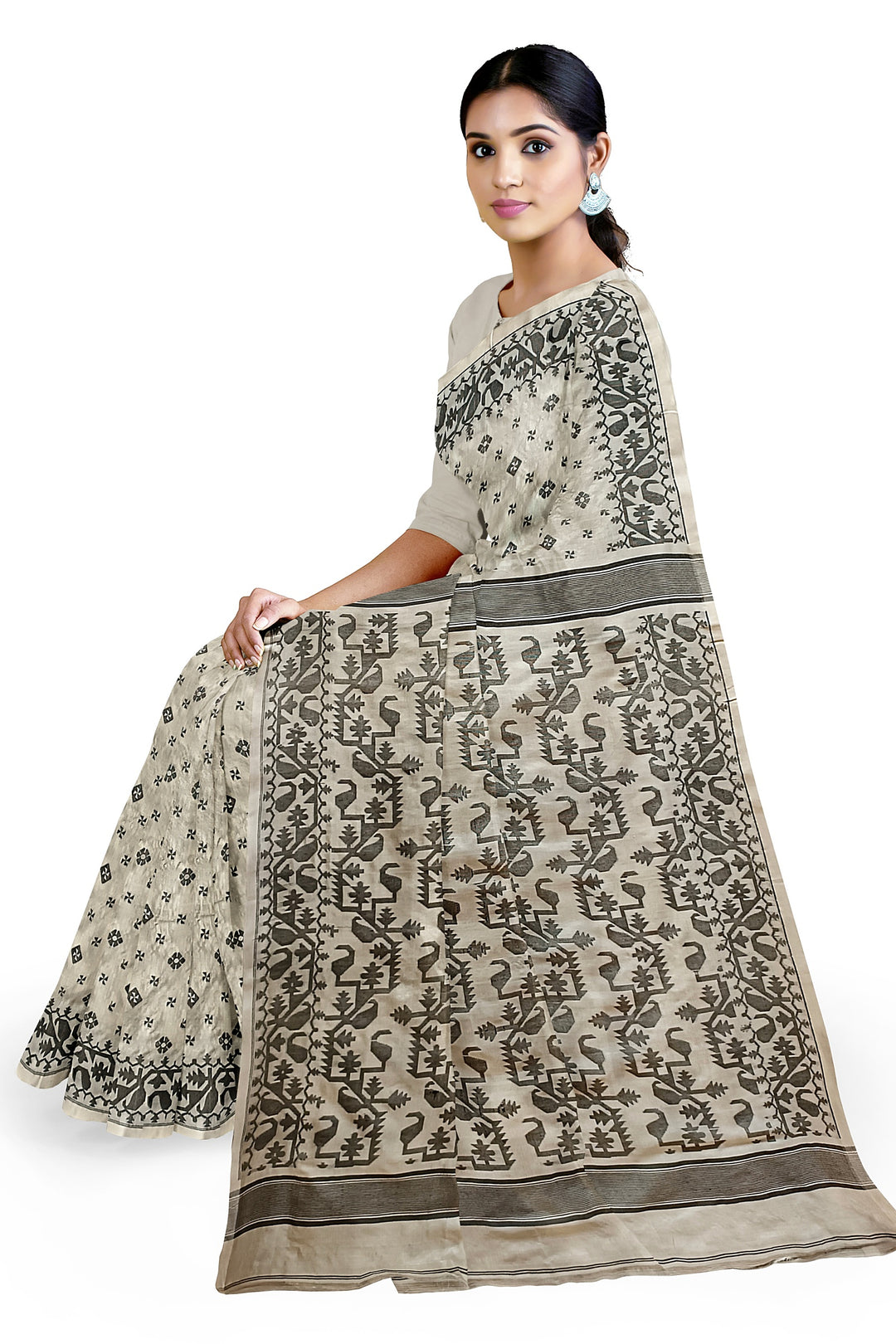 CREAM AND BLACK KATAN SILK SAREE Balaram Saha