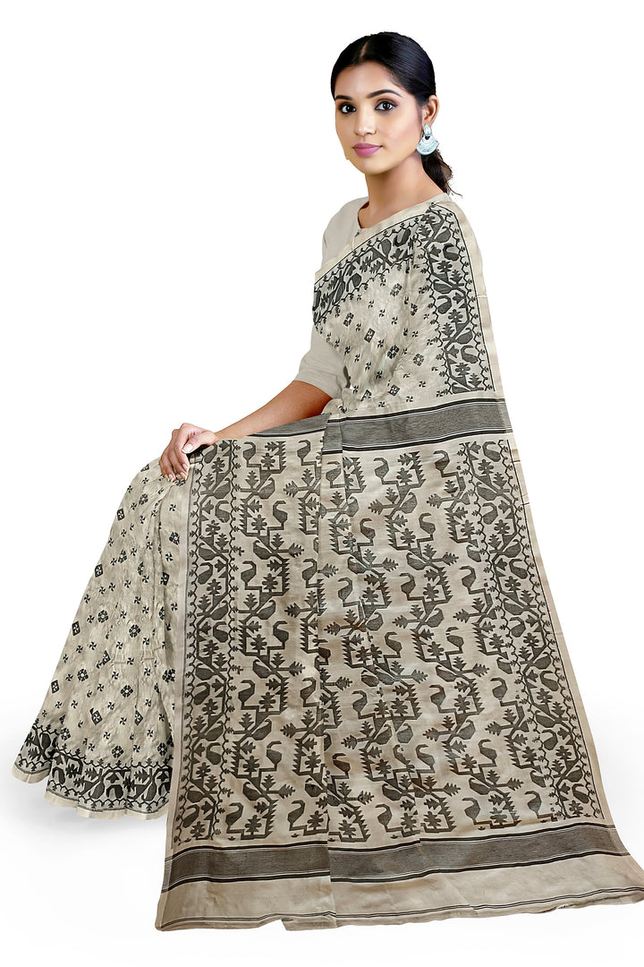 CREAM AND BLACK KATAN SILK SAREE Balaram Saha