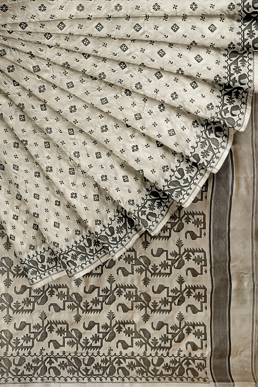 CREAM AND BLACK KATAN SILK SAREE Balaram Saha
