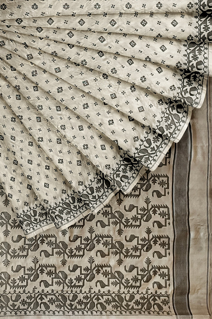CREAM AND BLACK KATAN SILK SAREE Balaram Saha