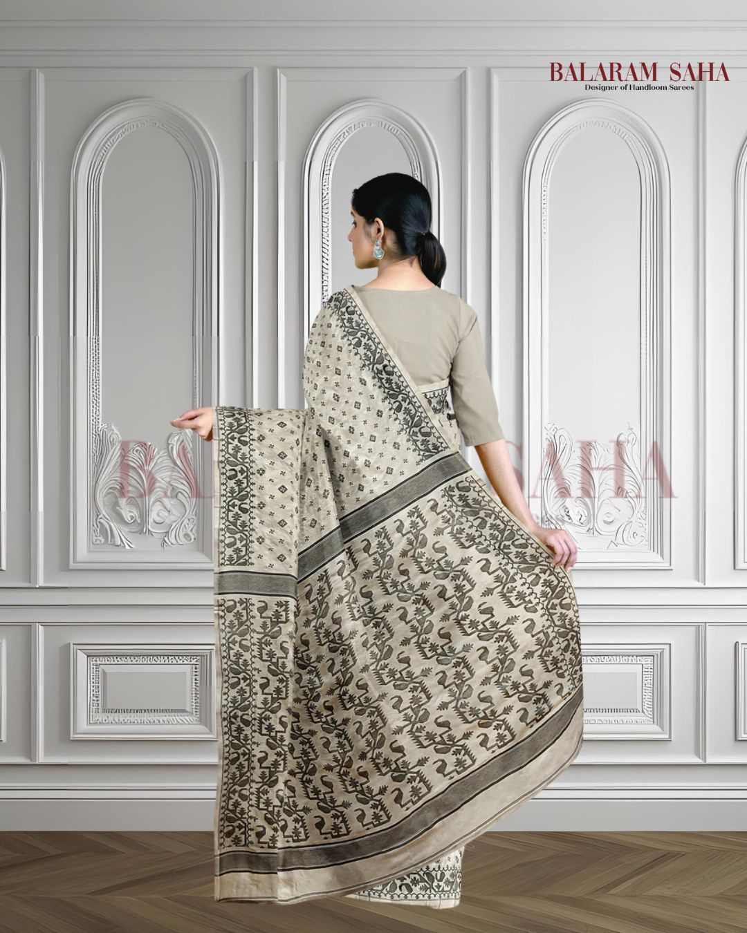 CREAM AND BLACK KATAN SILK SAREE Balaram Saha