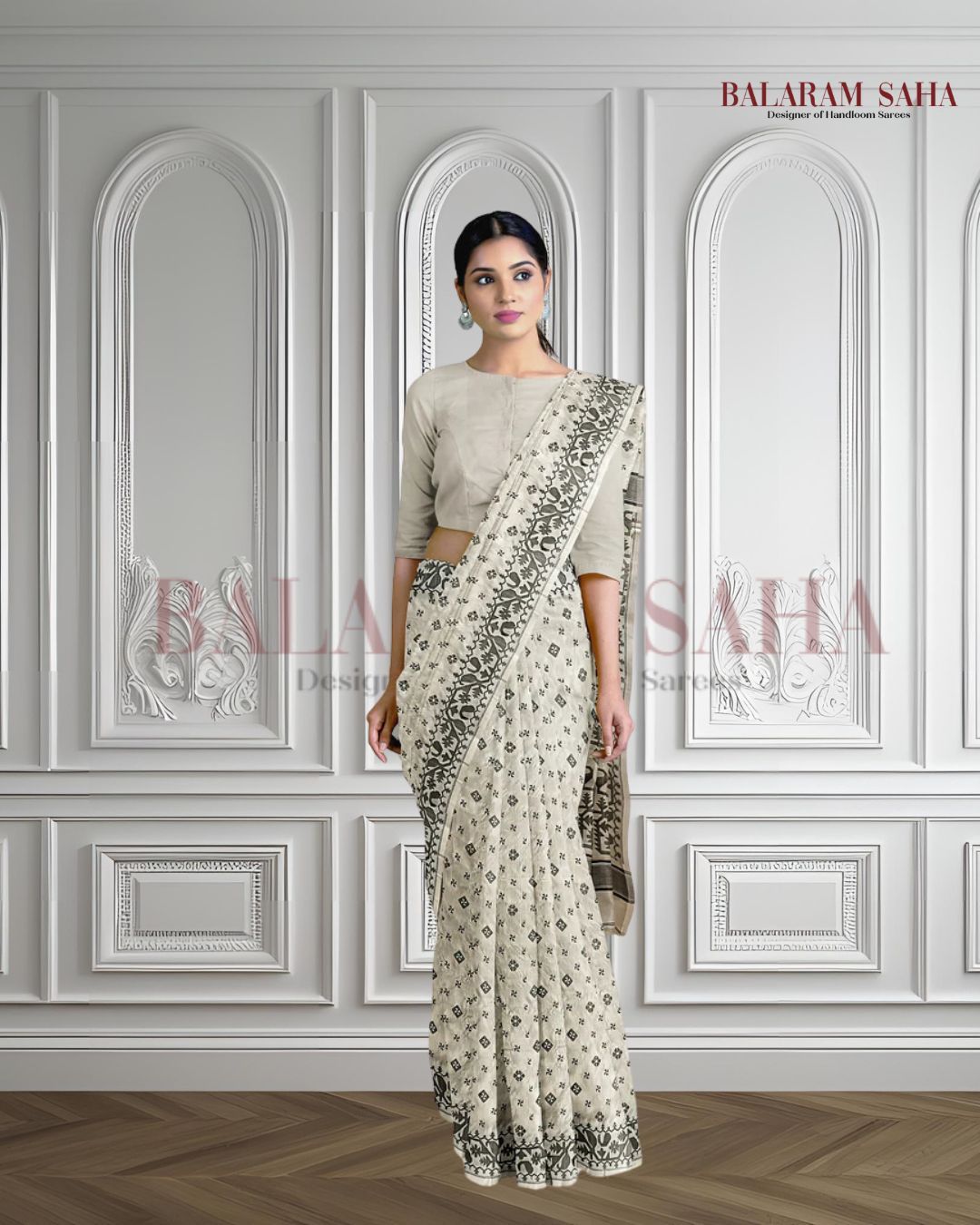 CREAM AND BLACK KATAN SILK SAREE Balaram Saha