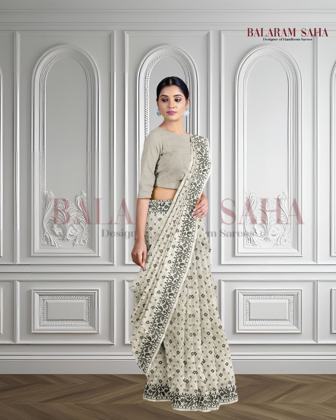 CREAM AND BLACK KATAN SILK SAREE Balaram Saha