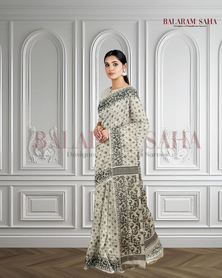 CREAM AND BLACK KATAN SILK SAREE Balaram Saha