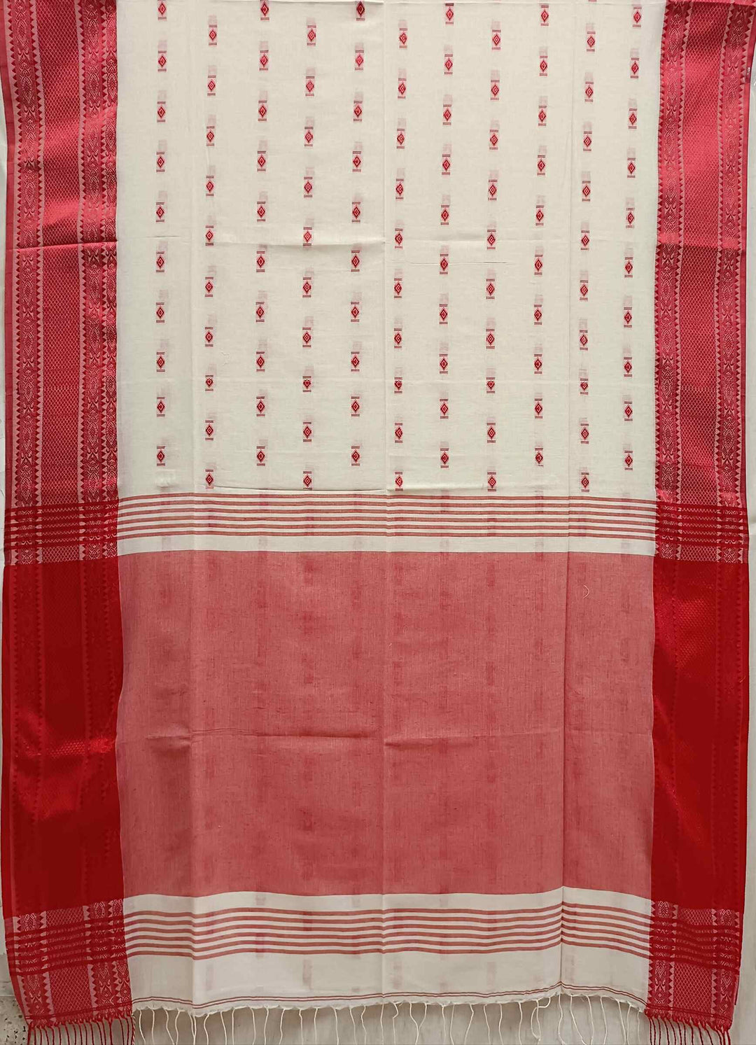 White & Red Fine Quality  Handloom Cotton Saree Balaram Saha