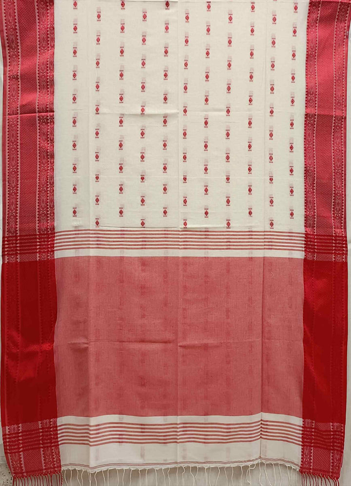 White & Red Fine Quality  Handloom Cotton Saree Balaram Saha
