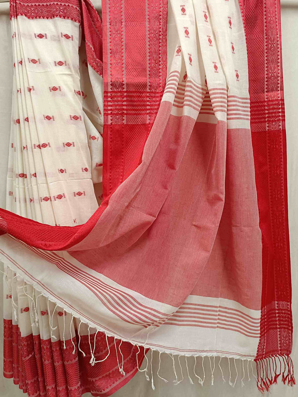 White & Red Fine Quality  Handloom Cotton Saree Balaram Saha