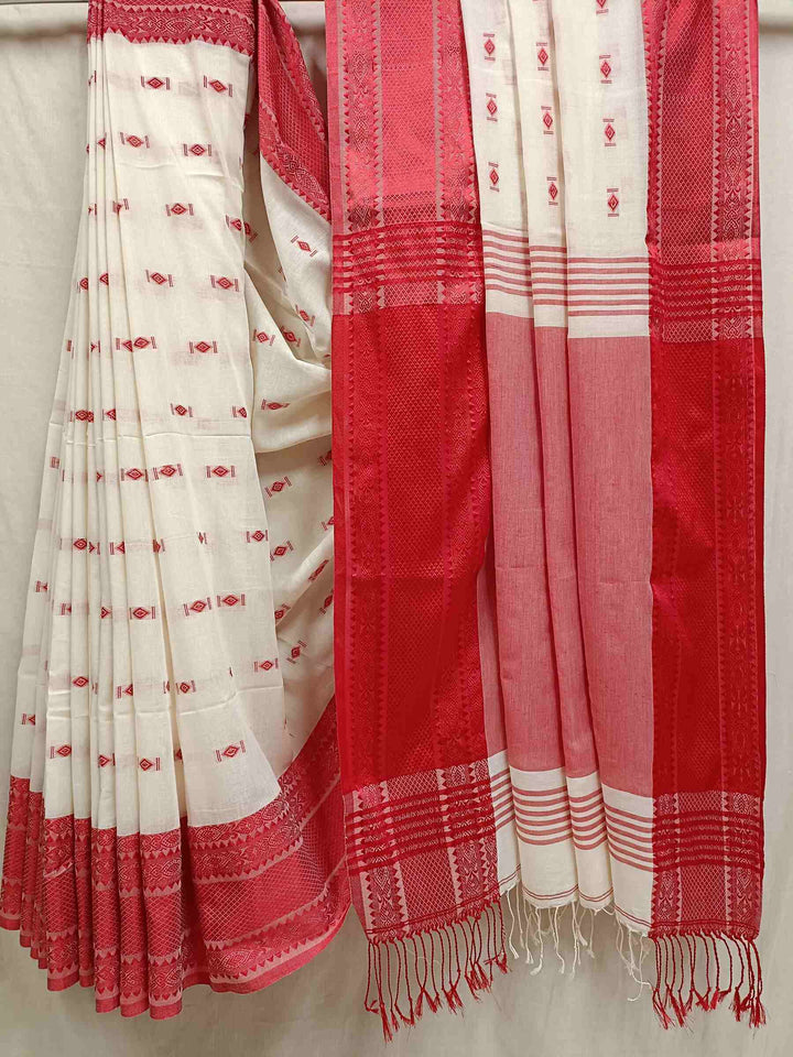 White & Red Fine Quality  Handloom Cotton Saree Balaram Saha