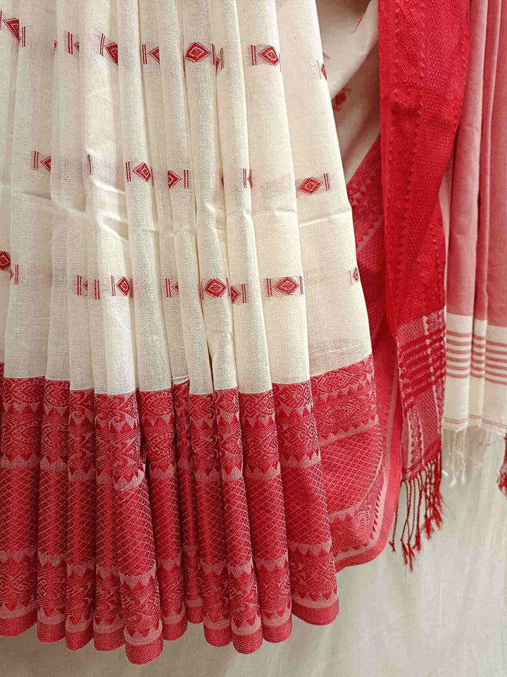 White & Red Fine Quality  Handloom Cotton Saree Balaram Saha