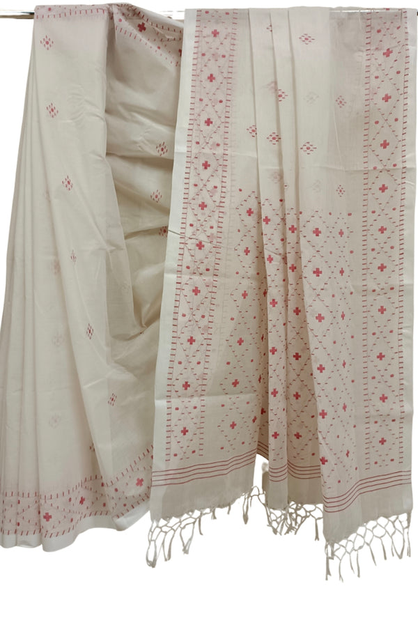 White & Red Handloom Handwoven  Dhakai Jamdani Saree Balaram Saha