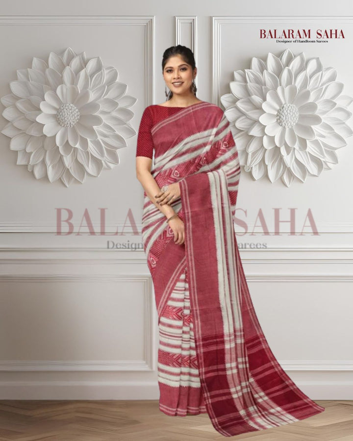 Balaram Saha Presents: White & Red Cotton Dhonekali Saree  - (cotton saree, handloom cotton saree, balaram saha online, handloom sarees, balaram saha handloom saree store photos, balaram saha handloom saree store, cotton handloom saree, pure cotton, cotton saree for women, cotton saree online, balaram saha, balaram saha handloom saree store, balaram saha saree, balaram saha online, balaram saha saree online, balaram saha gariahat)