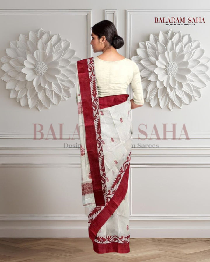White & Red Handloom Tradition Tangail Cotton Saree By Balaram Saha - (handloom saree, cotton saree, handloom cotton saree, balaram saha online, handloom sarees, balaram saha handloom saree store photos, balaram saha handloom saree store, cotton