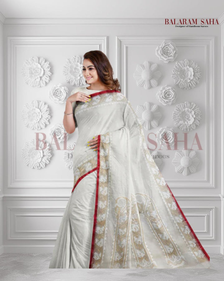 White & Red Handwoven Muslin Silk Jamdani Saree  (handloom saree, silk saree, handloom silk saree, balaram saha online, silk sarees, balaram saha handloom saree store photos, balaram saha handloom saree store, silk handloom saree, bengal handloom sarees, pure silk, muslin silk saree, muslin silk, silk saree online, jamdani saree, jamdani sarees, cotton jamdani saree, jamdani cotton saree, handloom cotton saree, balaram saha online, jamdani saree online, soft jamdani saree  https://in.pinterest.com/