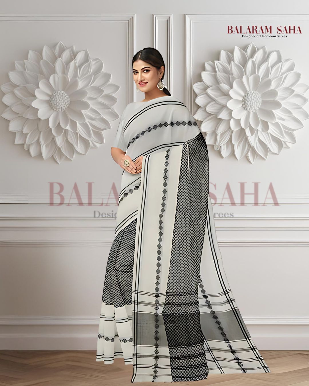 White & Black Handloom Soft Traditional Dhonekali Cotton Saree Balaram Saha