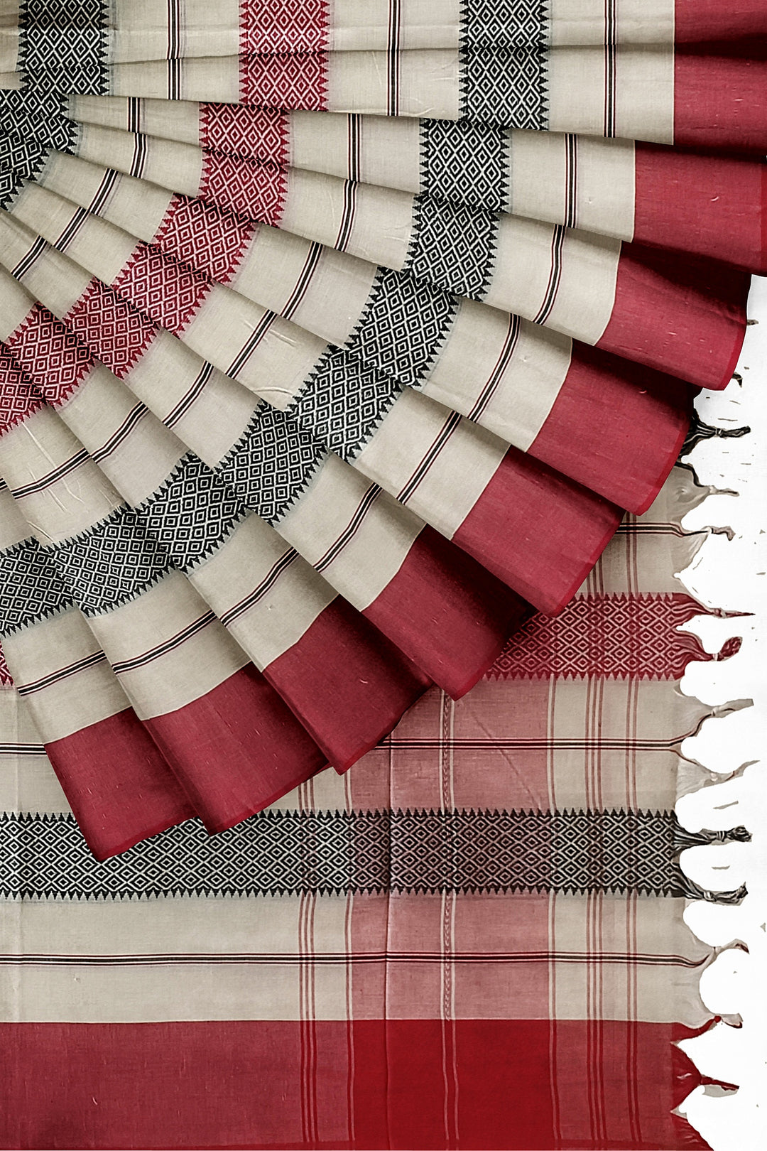 White on Red/Black handloom Traditional Dhonekali  Cotton Saree Balaram Saha