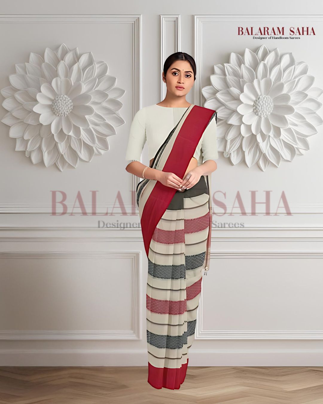 White on Red/Black handloom Traditional Dhonekali  Cotton Saree Balaram Saha