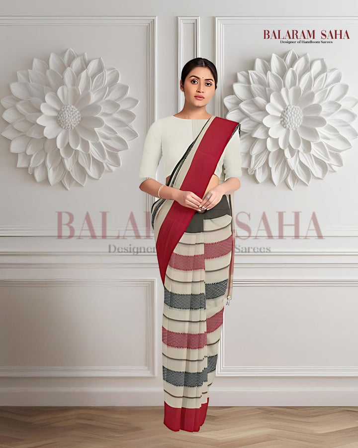 White on Red/Black handloom Traditional Dhonekali  Cotton Saree Balaram Saha