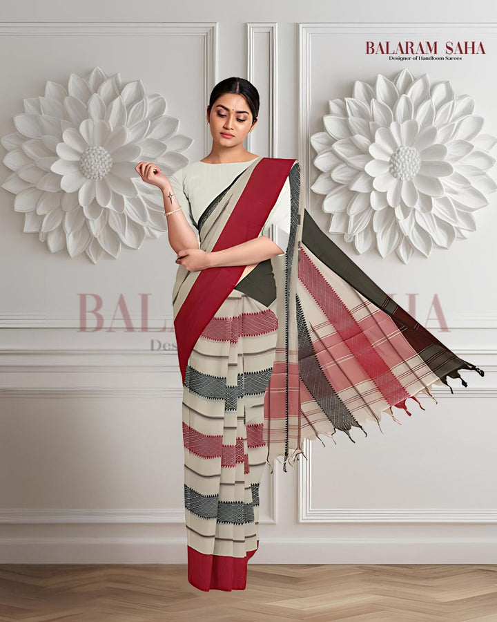 White on Red/Black handloom Traditional Dhonekali  Cotton Saree Balaram Saha