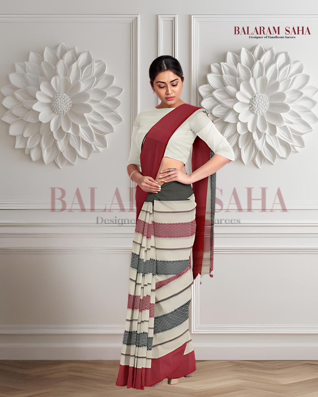 White on Red/Black handloom Traditional Dhonekali  Cotton Saree Balaram Saha
