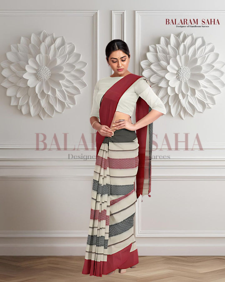 White on Red/Black handloom Traditional Dhonekali  Cotton Saree Balaram Saha