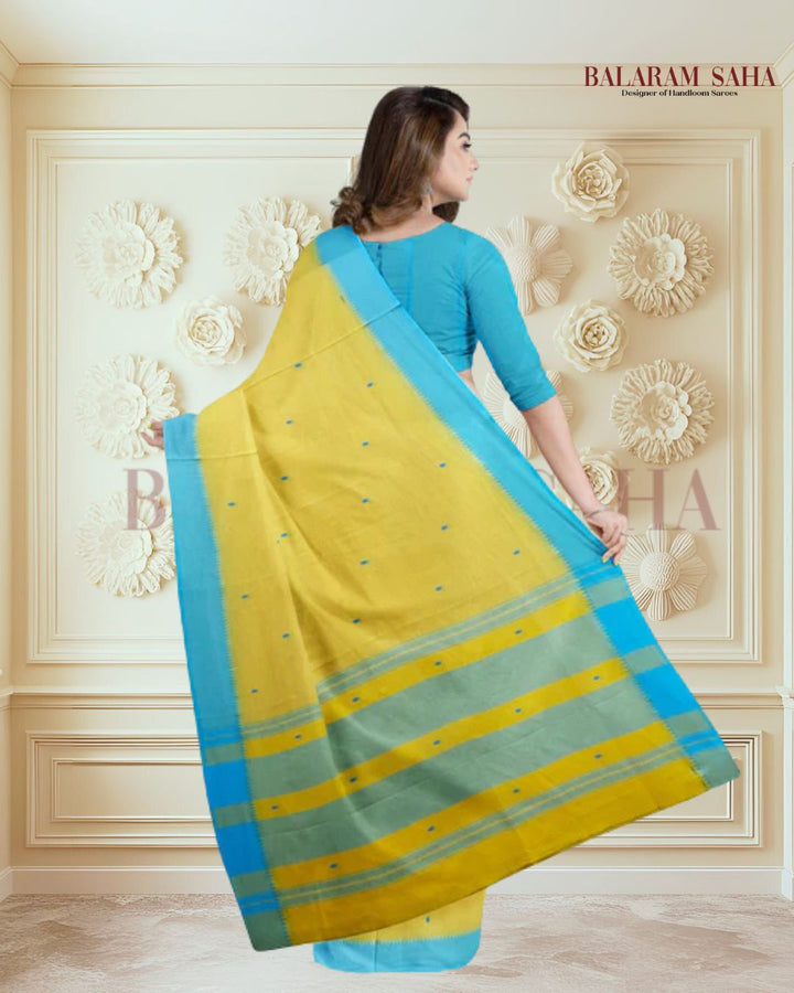 Balaram Saha : Yellow & Blue Handloom Dhonekali Cotton Saree (handloom saree, cotton saree, handloom cotton saree, balaram saha online, handloom sarees, balaram saha handloom saree store photos, balaram saha handloom saree store, cotton handloom saree, bengal handloom sarees, pure cotton, cotton saree for women, dhonekali, cotton saree online)  https://www.addtoany.com/