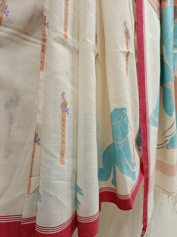 Handloom Handspun Cotton Jamdani Saree with Flute and Bal Krishna Motifs Balaram Saha