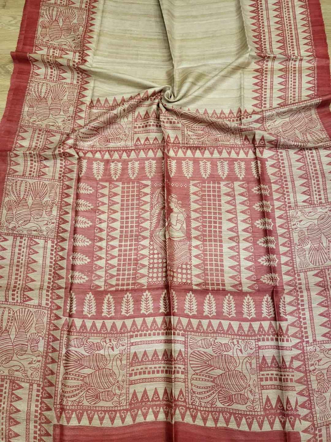 Pure Tussar/Ghicha Silk saree in the natural shade with Red hand block print Balaram Saha