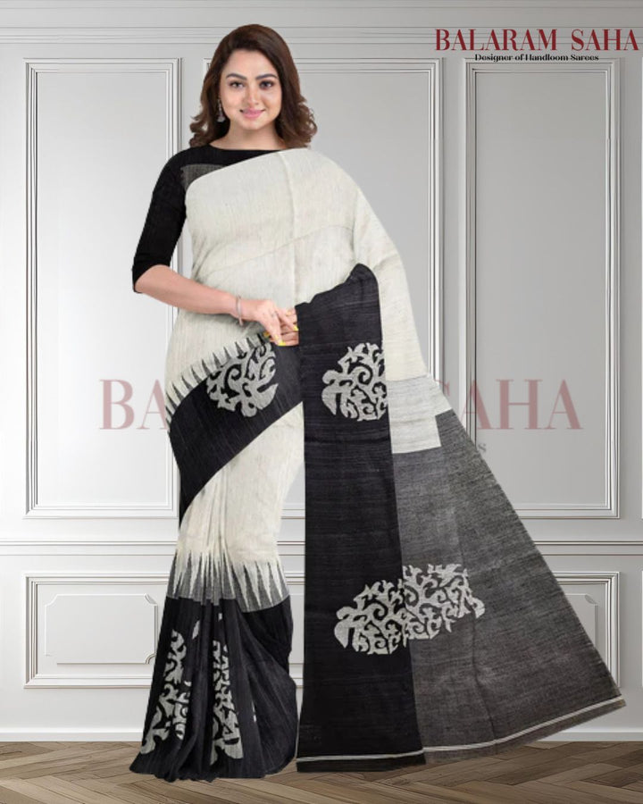 White and black Handloom Matka Silk Saree With Black Broad Border