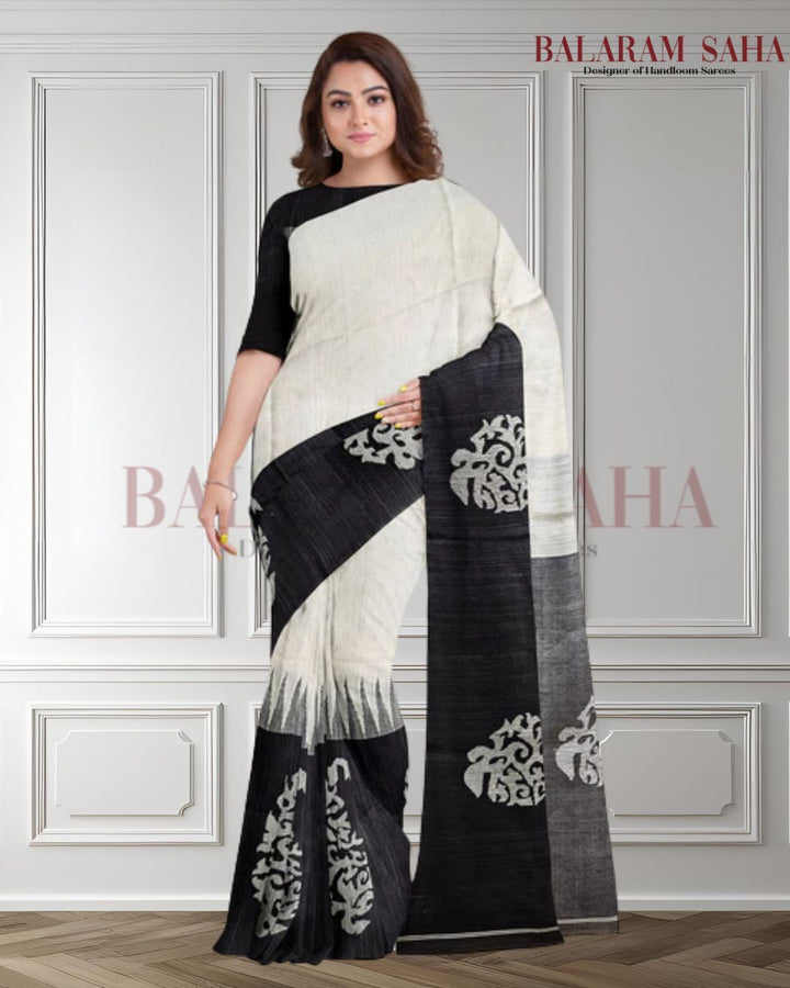 White and black Handloom Matka Silk Saree With Black Broad Border Balaram Saha