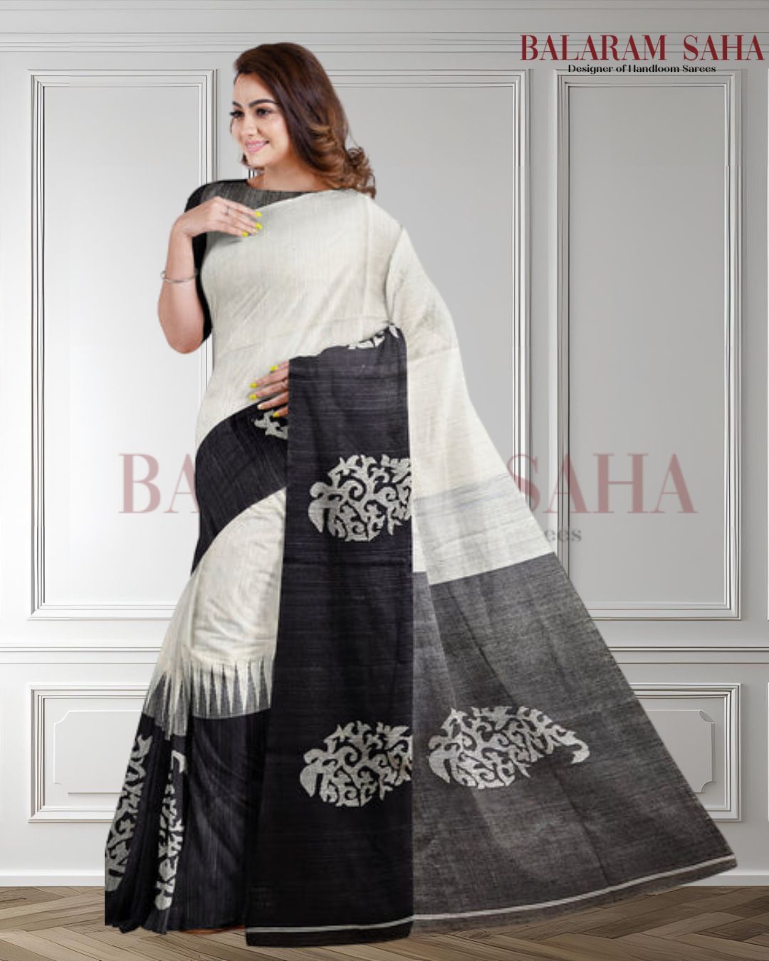 White and black Handloom Matka Silk Saree With Black Broad Border Balaram Saha
