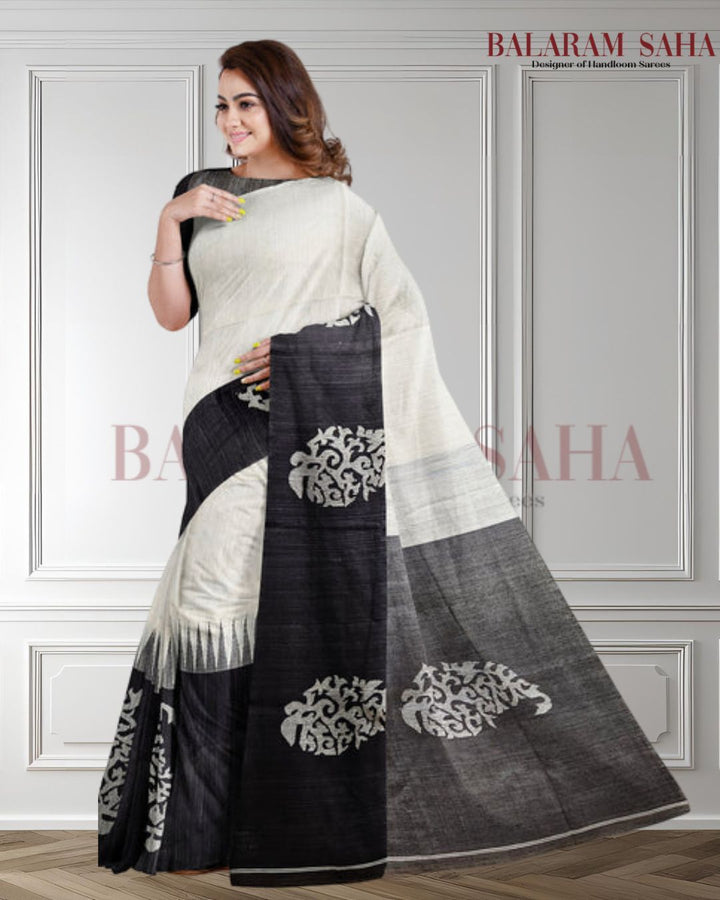 White and black Handloom Matka Silk Saree With Black Broad Border Balaram Saha
